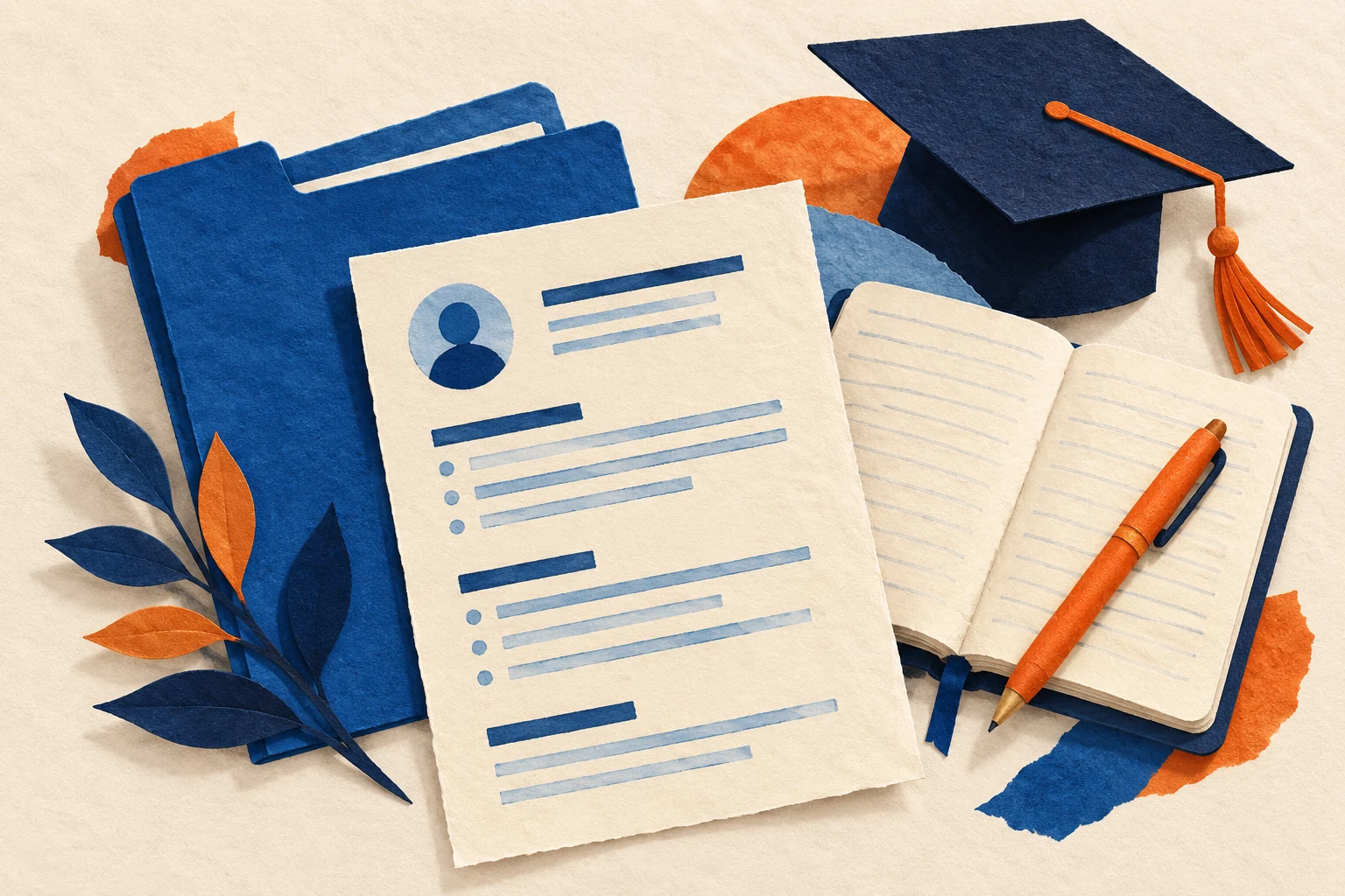A resume, folder, pen, and graduation cap