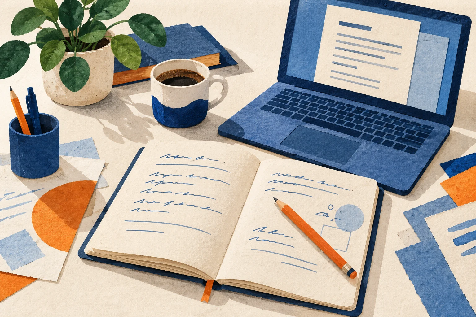 Illustrated writing desk with a notebook, laptop, and pencil